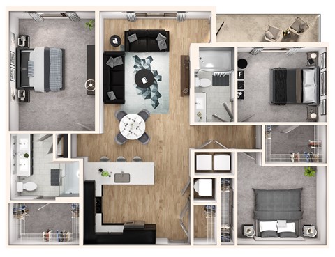 A series of images showing different layouts of a bedroom, living room, and kitchen.