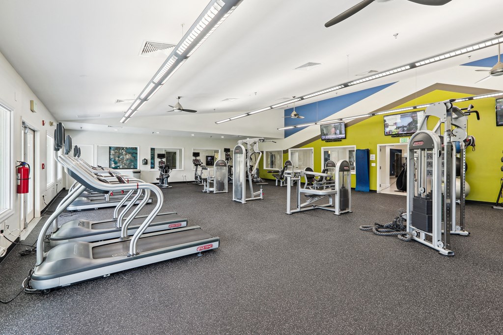 a gym with cardio equipment and weights on the floor at Villages at Morgan Metro, Landover, Maryland