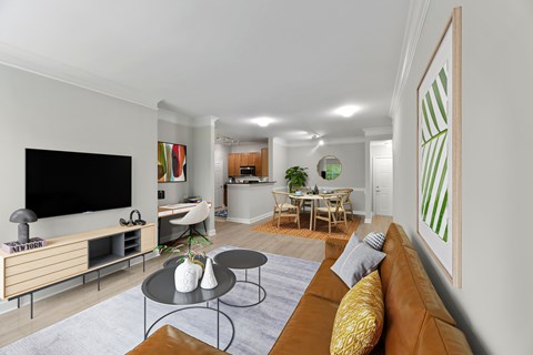 A living room with a brown couch and a television.