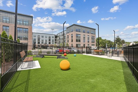 A playground with a green lawn and a yellow ball.