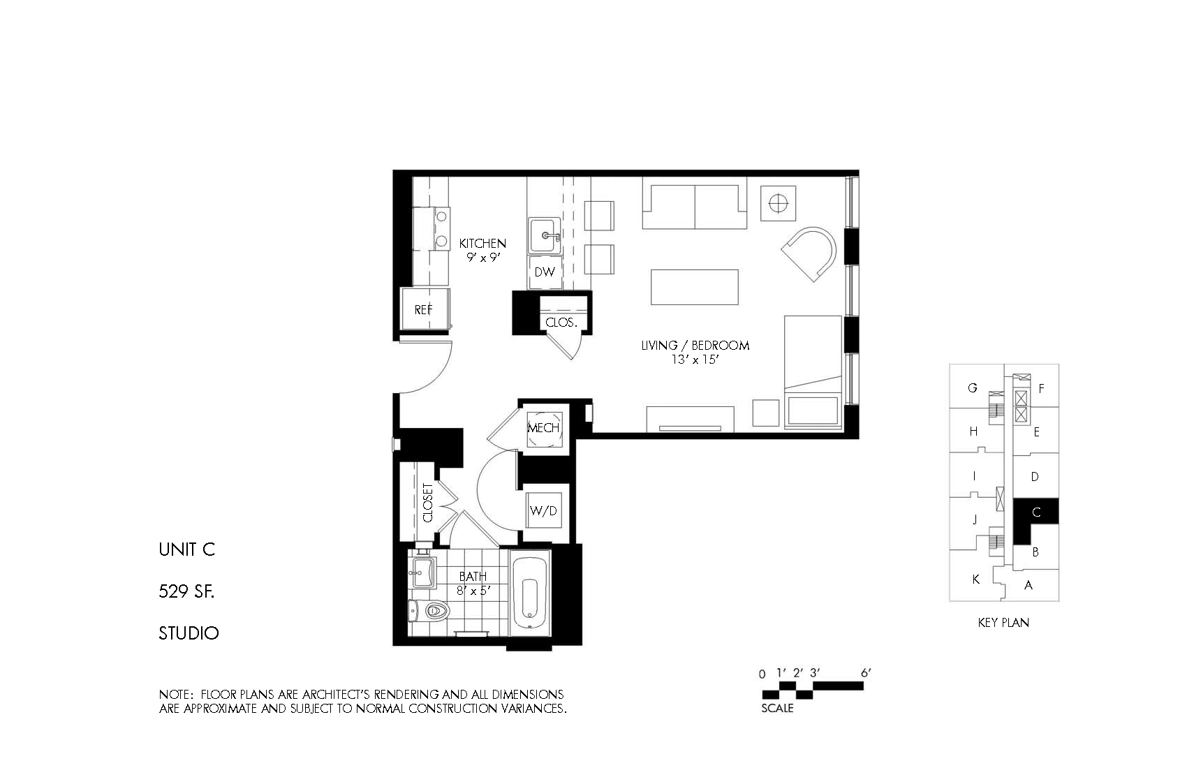 A black and white floor plan for Unit C, a 529 square foot studio.