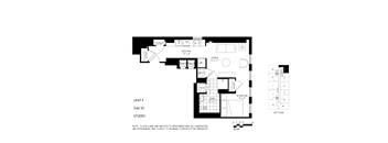 A floor plan of a studio apartment with a kitchen and living room.
