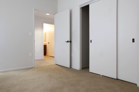 a bedroom with two white doors and a carpeted floor