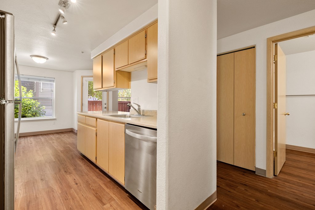 a kitchen with wood flooring and a stainless steel dishwasher