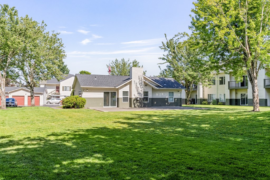 A sunny day at a grassy park with trees and a building in the background.