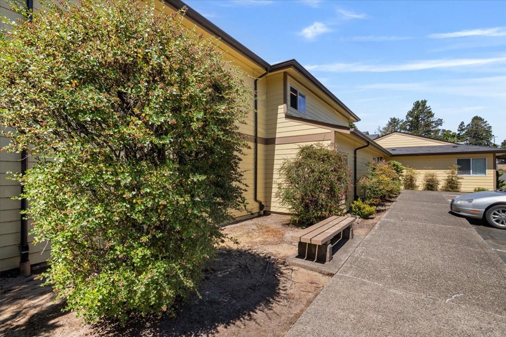 A residential area with houses and a parked car.