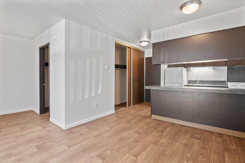 A kitchen area with a counter and a refrigerator.