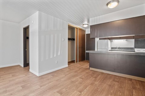 A kitchen area with a counter and a refrigerator.