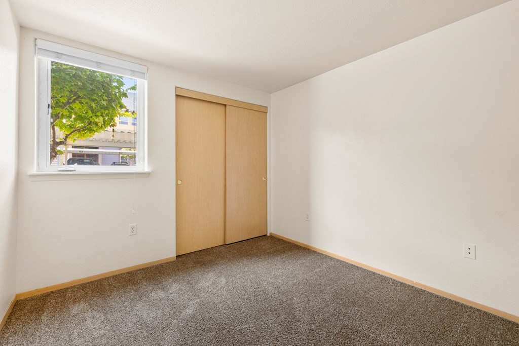 an empty room with carpet and a window