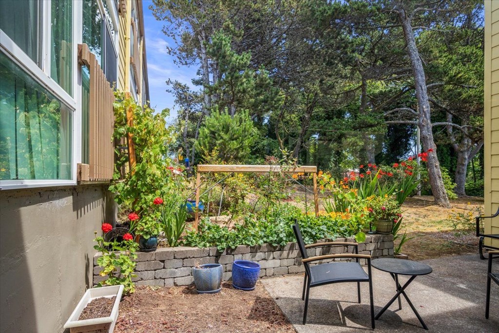 A patio with a table and chairs surrounded by a garden.