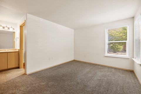 a bedroom with carpet and a window and a sink