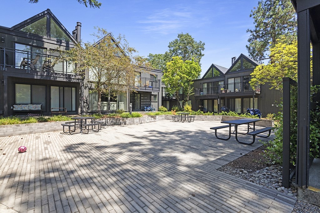 A sunny day at a courtyard with wooden benches and buildings in the background.