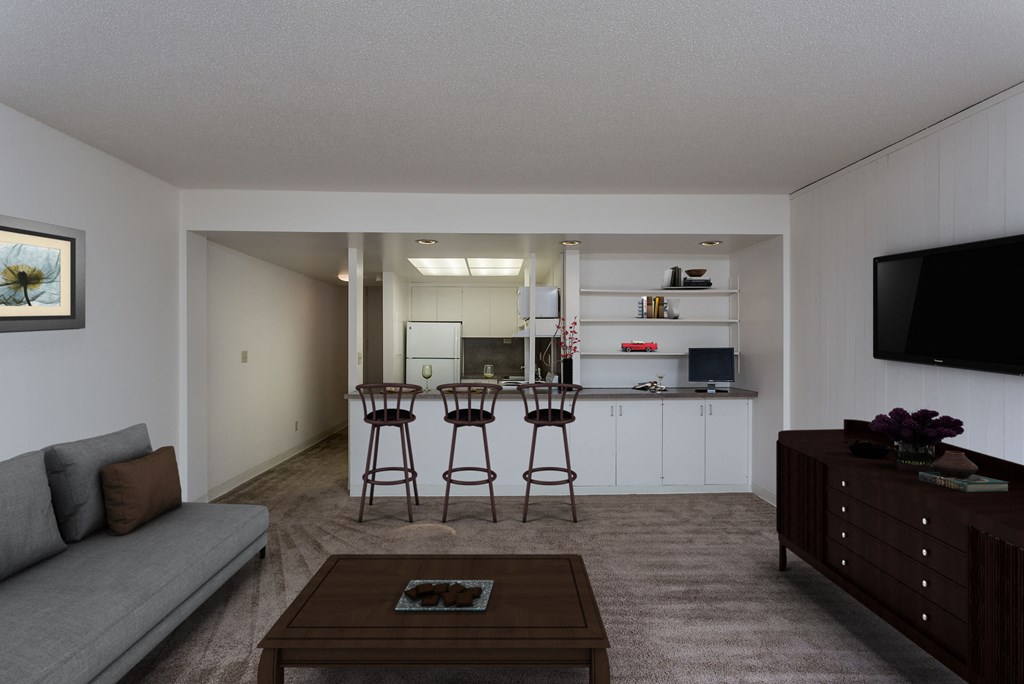 Bay Roc living room view into kitchen
