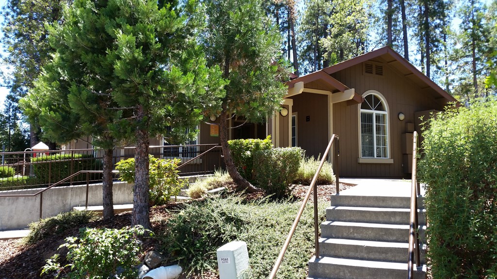 a brown house with stairs and trees in front of it