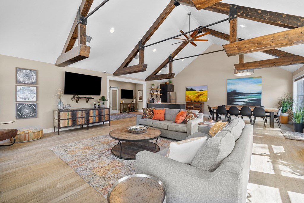 a living room with couches and chairs and a tv