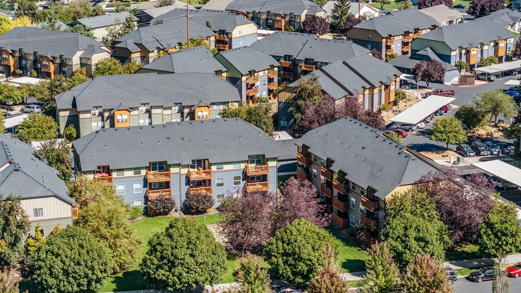an aerial view of a neighbourhood with houses and trees