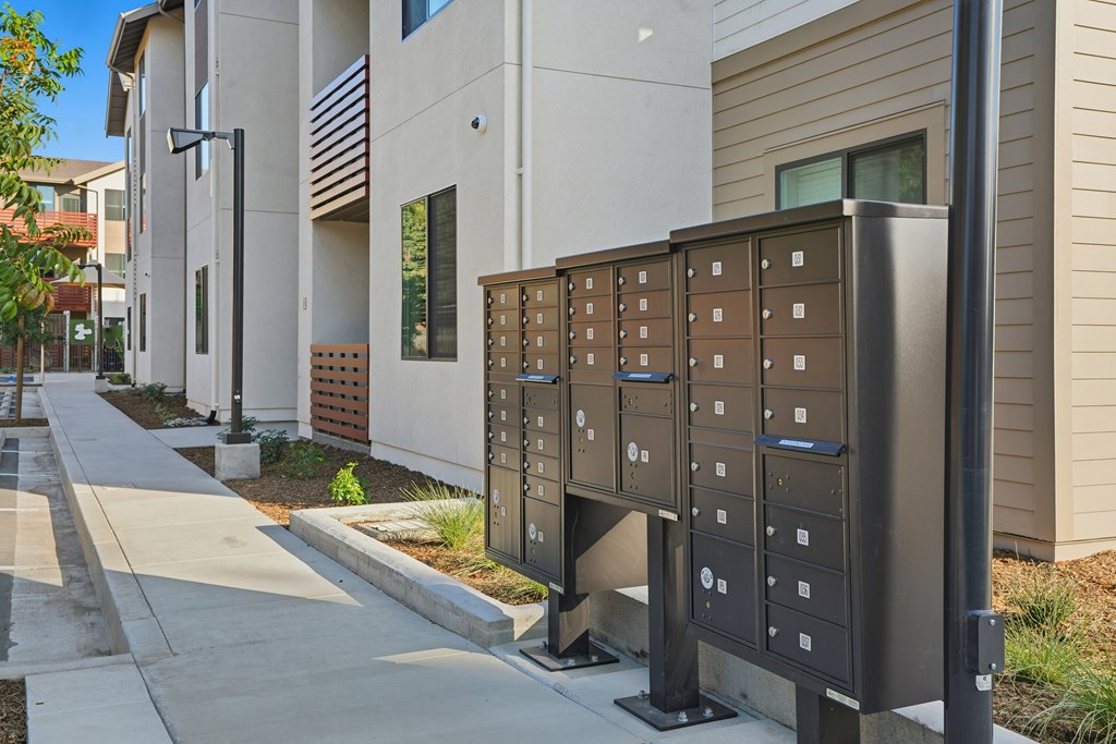 A long row of mailboxes are lined up on the sidewalk.