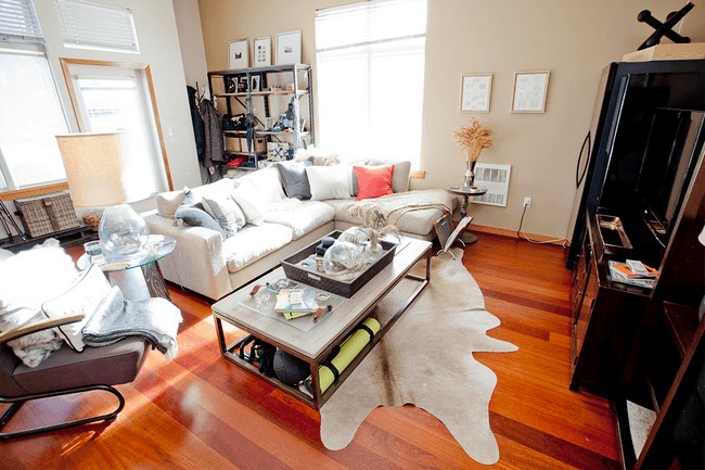 a living room with a couch and a coffee table