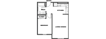 A floor plan of a small apartment with a bedroom, living/dining area, kitchen, bathroom, and closet.