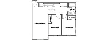 A floor plan of a house with two bedrooms, a living/dining area, a kitchen, a bathroom, and a closet.