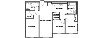 A floor plan of a house with two bedrooms, two bathrooms, a living/dining area, and a kitchen.