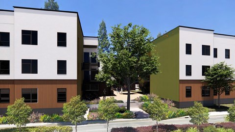 A modern building with a green tree in front.