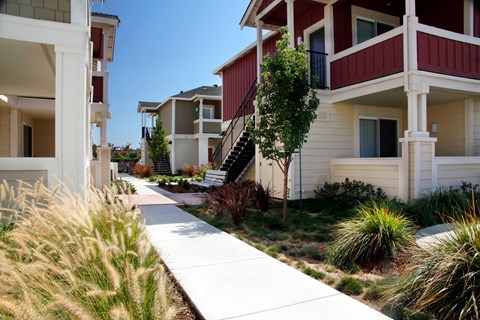 a row of houses with stairs and a sidewalk