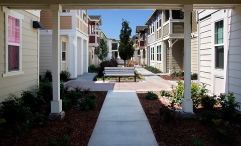 a bench sits in the middle of a sidewalk in front of an apartment building