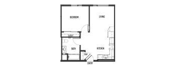 a floor plan of a studio apartment with a bedroom and a living room