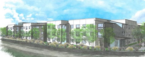 a rendering of a building with a green facade