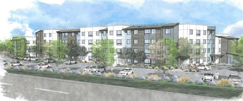 a rendering of an apartment building on a city street