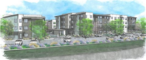 a rendering of a city street with buildings and trees