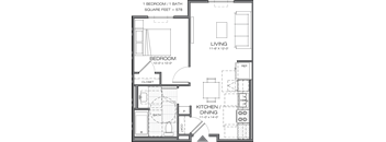 A floor plan of a one bedroom apartment with a bath and a living area.