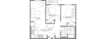 A floor plan of a 2 bedroom, 1 bathroom apartment with a living room, kitchen/dining area, and two closets.