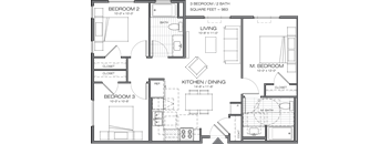 A floor plan of a house with three bedrooms, a living room, a kitchen, and a bathroom.