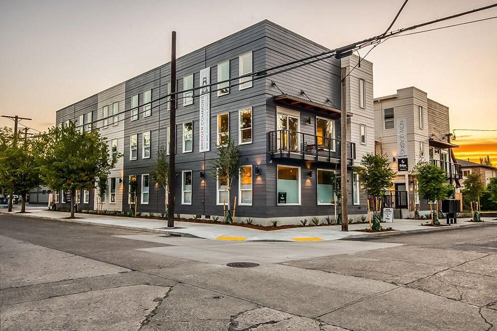 a building on the corner of a city street