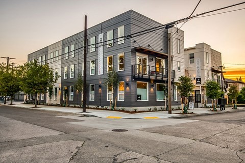 a building on the corner of a city street