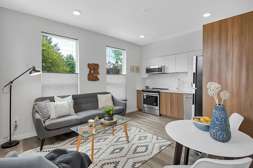 Bridger Commons, Interior view of living room and kitchenette