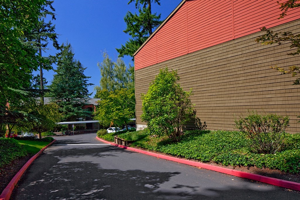 a driveway leading to a building with trees in the background