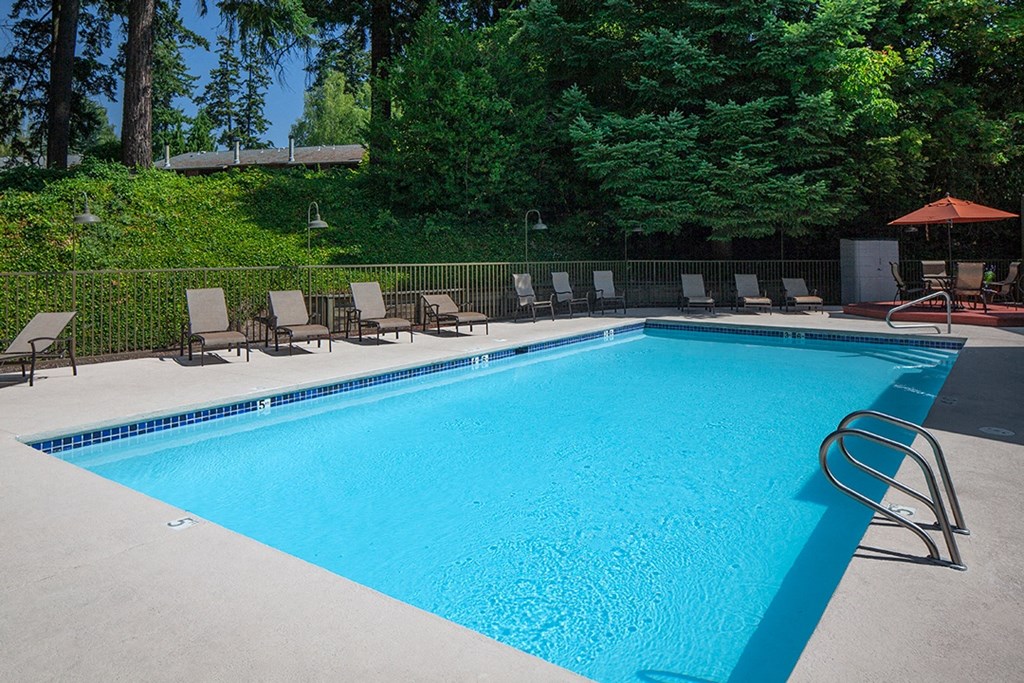 a swimming pool with deck chairs and trees in the background