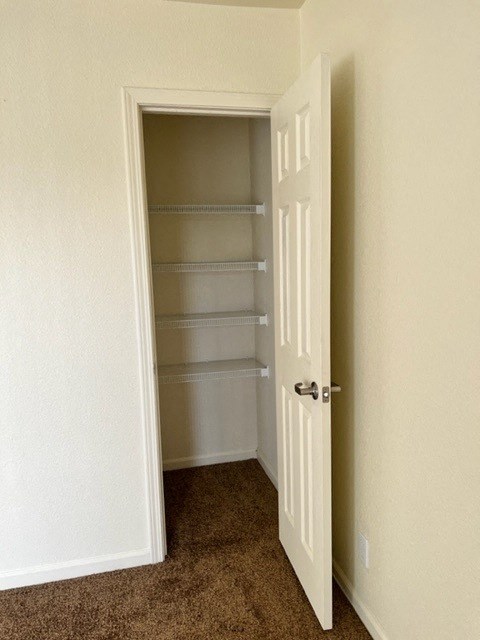 an empty closet with shelves and a white door
