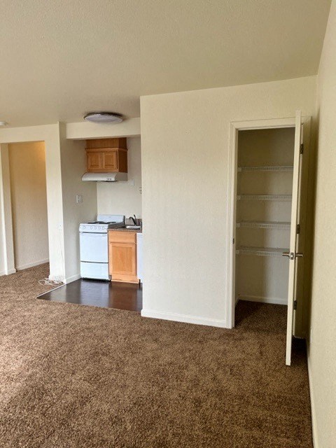 an empty room with a kitchen and a closet