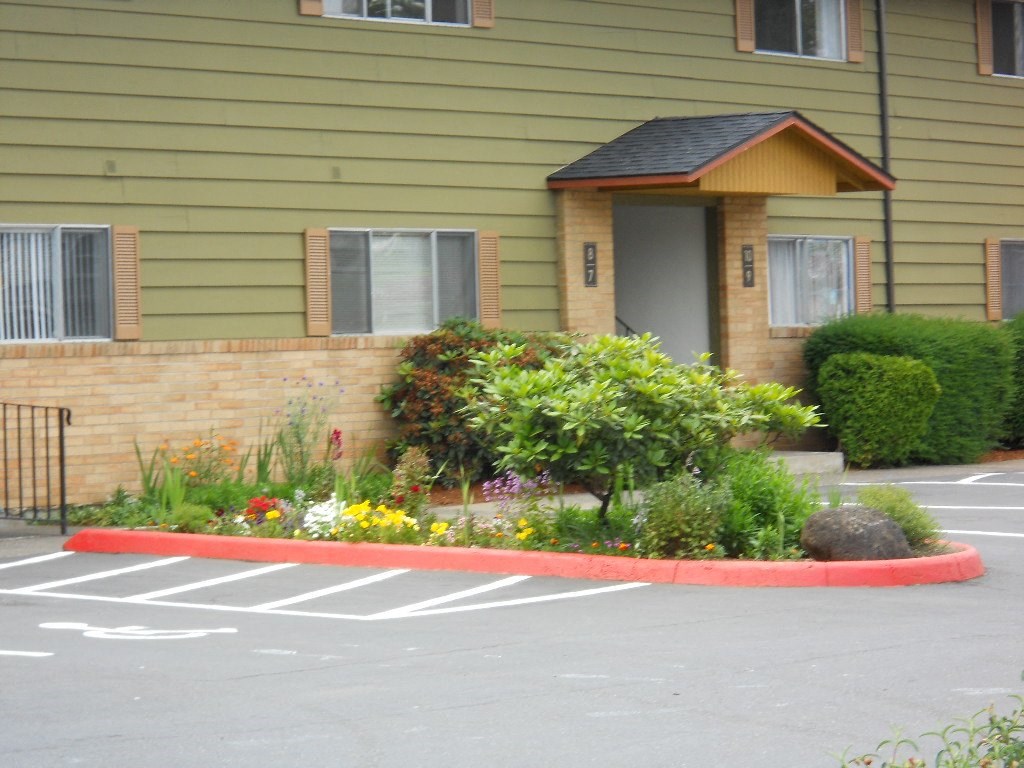 a garden in a parking lot in front of a house