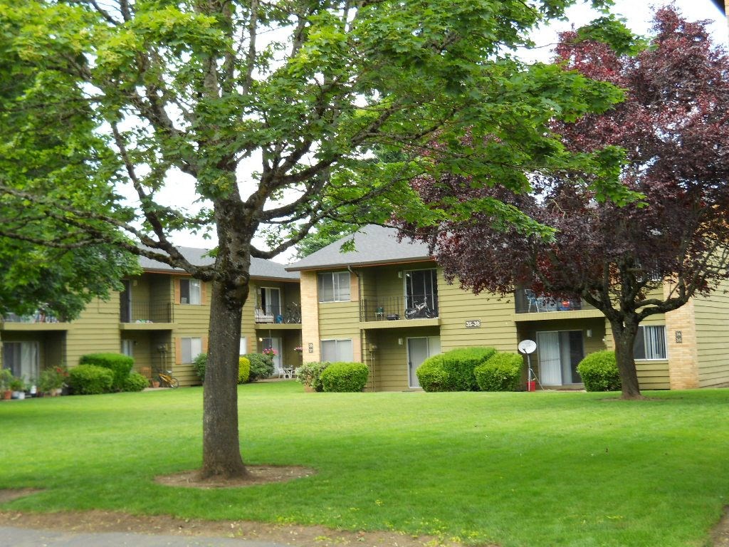 the trees are in front of the apartment buildings