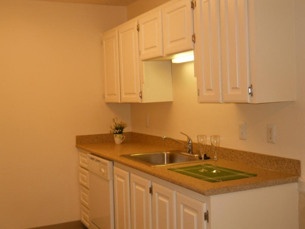 a kitchen with a sink and white cabinets