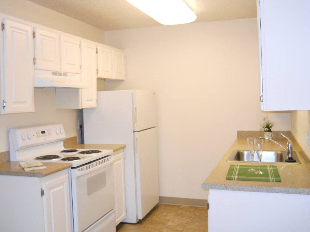 a kitchen with a stove refrigerator and sink