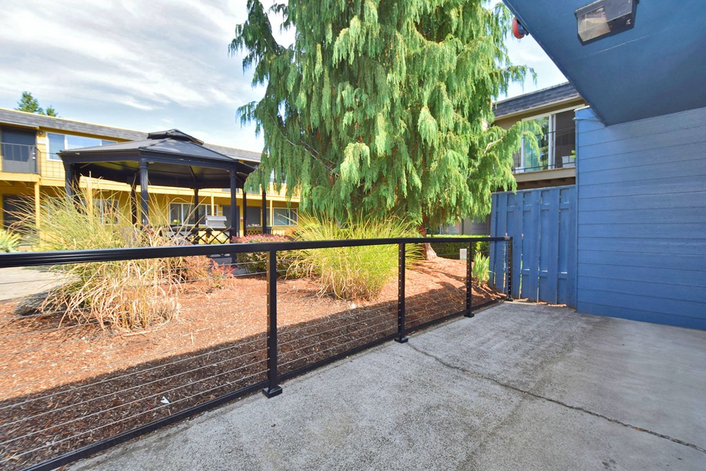 a patio with a fence and a tree in front of a building