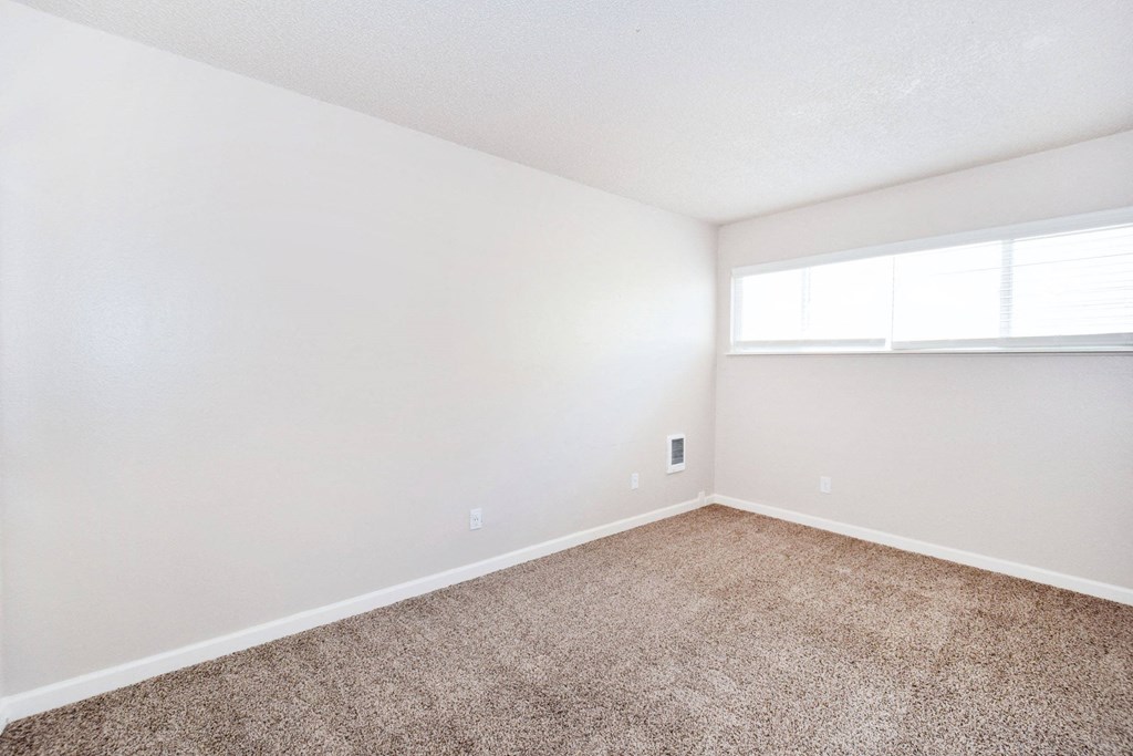 an empty room with carpet and a window