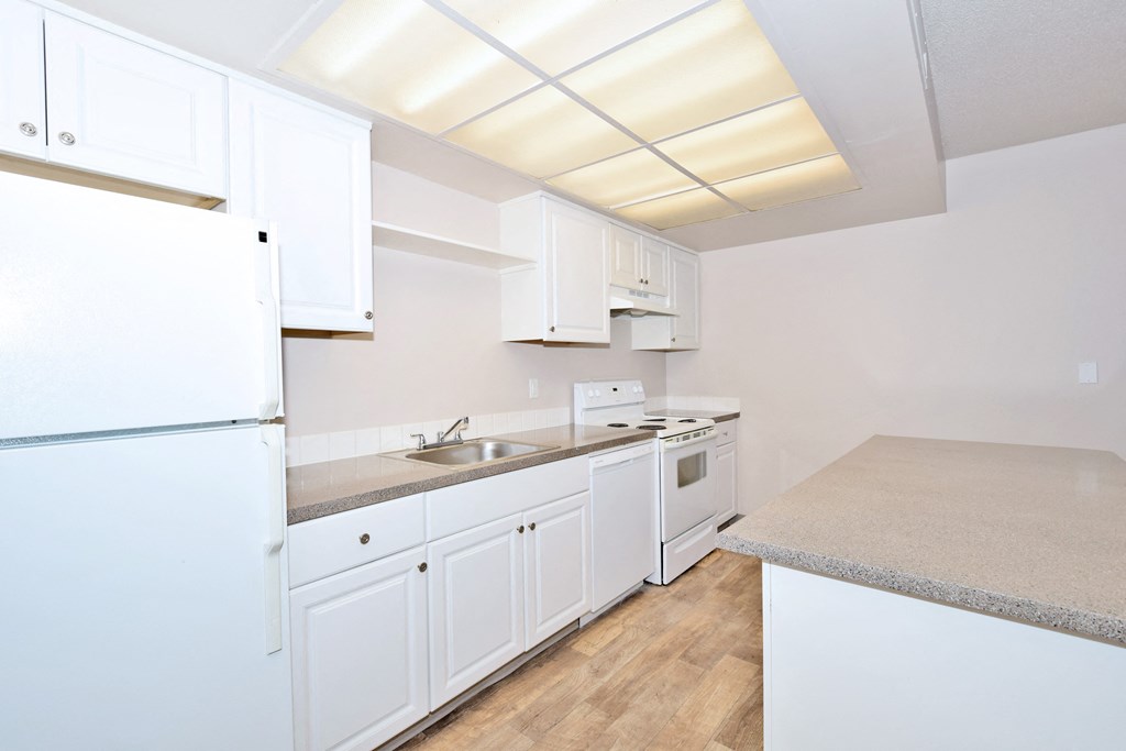 a kitchen with white cabinets and a sink and refrigerator