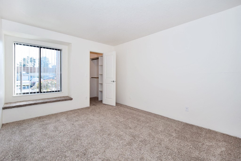 an empty living room with a window and carpet